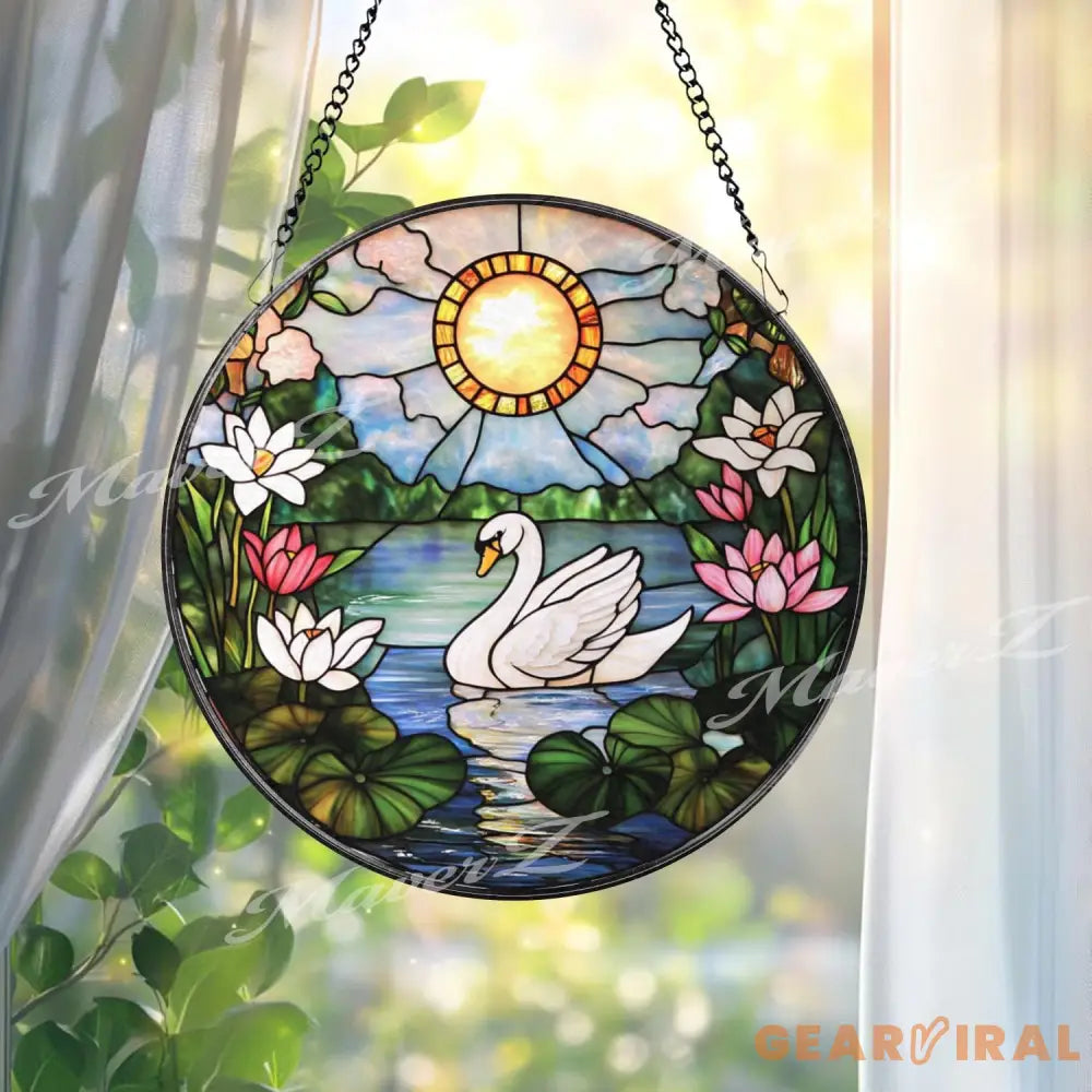 Swan and Lotus Stained Glass Suncatcher Tranquil Lake Window Hanging Sunlight Garden Glass Art Peaceful Bird Decor