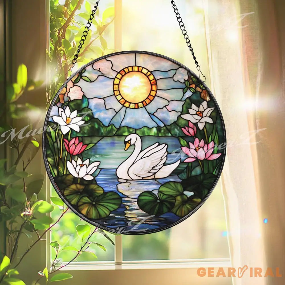 Swan and Lotus Stained Glass Suncatcher Tranquil Lake Window Hanging Sunlight Garden Glass Art Peaceful Bird Decor