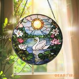 Swan and Lotus Stained Glass Suncatcher Tranquil Lake Window Hanging Sunlight Garden Glass Art Peaceful Bird Decor