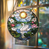 Swan and Lotus Stained Glass Suncatcher Tranquil Lake Window Hanging Sunlight Garden Glass Art Peaceful Bird Decor