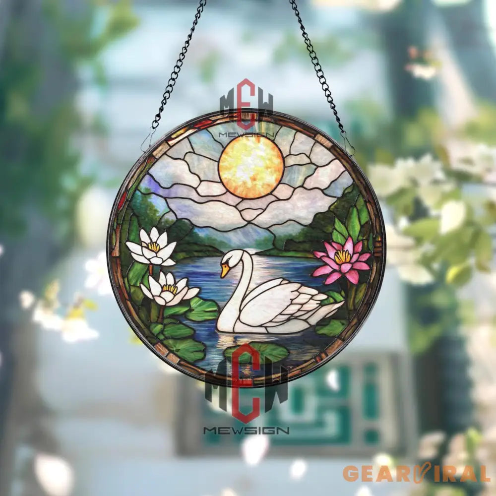 Swan Stained Glass Suncatcher Peaceful Lake Window Hanging Lotus Flower Glass Panel Nature Decor Elegant Bird Lover Gift