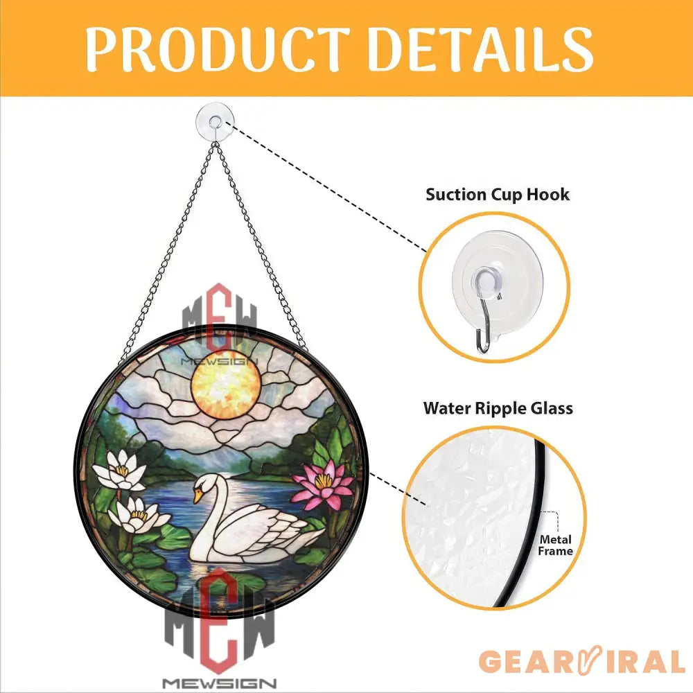 Swan Stained Glass Suncatcher Peaceful Lake Window Hanging Lotus Flower Glass Panel Nature Decor Elegant Bird Lover Gift