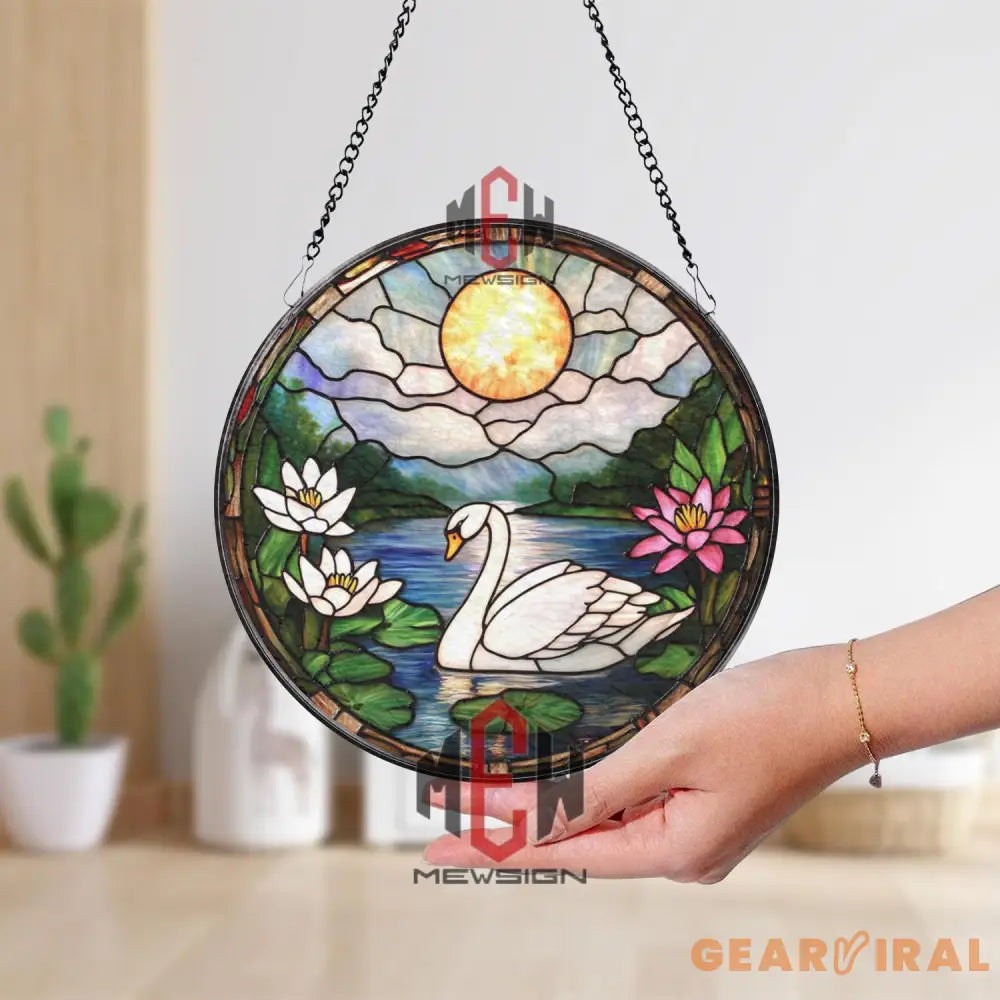Swan Stained Glass Suncatcher Peaceful Lake Window Hanging Lotus Flower Glass Panel Nature Decor Elegant Bird Lover Gift