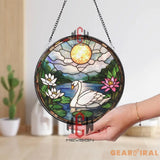 Swan Stained Glass Suncatcher Peaceful Lake Window Hanging Lotus Flower Glass Panel Nature Decor Elegant Bird Lover Gift