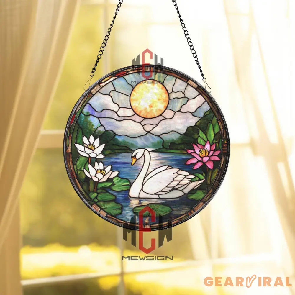 Swan Stained Glass Suncatcher Peaceful Lake Window Hanging Lotus Flower Glass Panel Nature Decor Elegant Bird Lover Gift