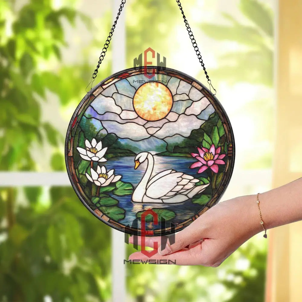 Swan Stained Glass Suncatcher Peaceful Lake Window Hanging Lotus Flower Glass Panel Nature Decor Elegant Bird Lover Gift