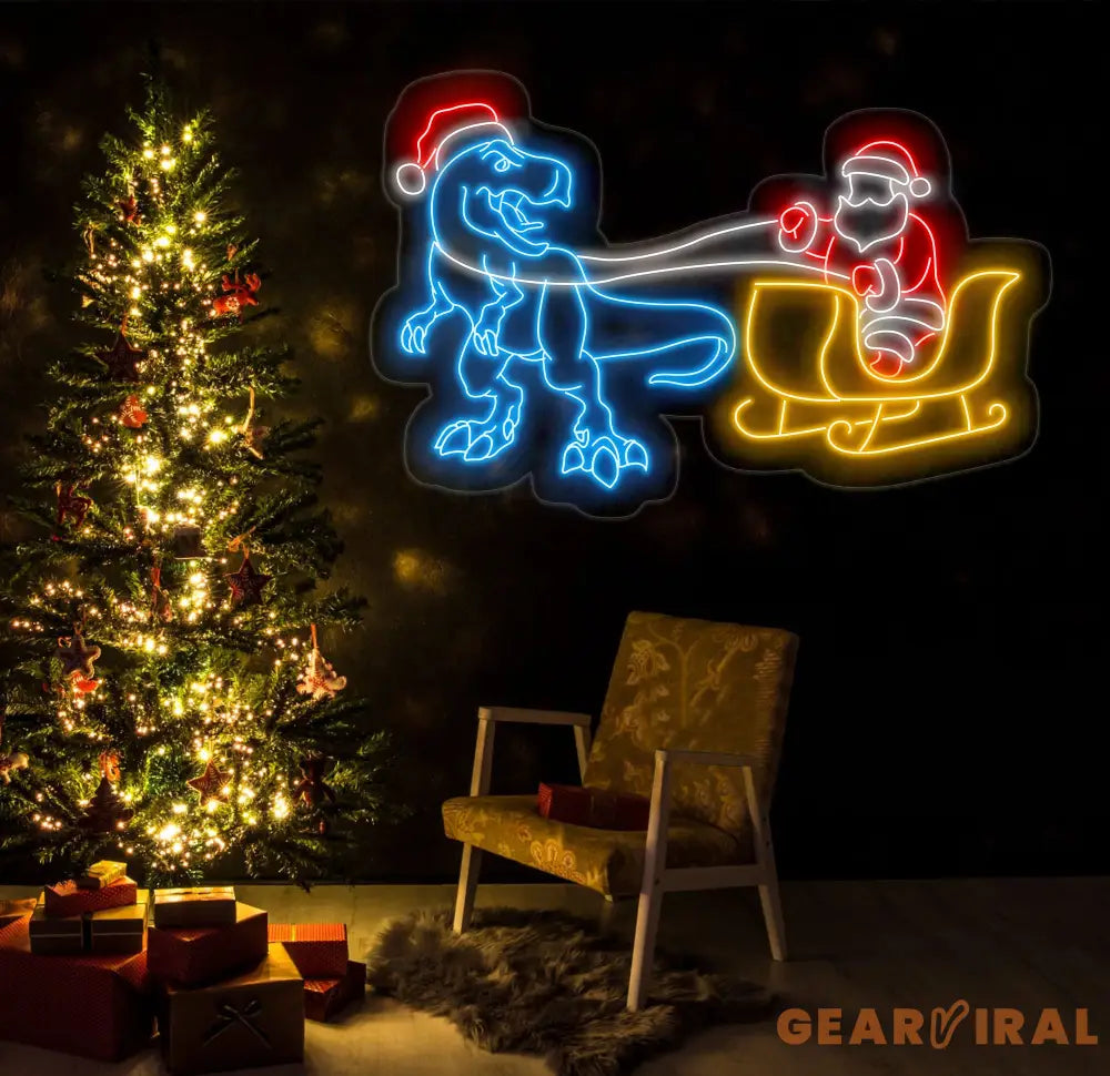 T-Rex Pulling Santa Sleigh Neon Sign - Christmas Dinosaur LED Light Fun Santa and Dinosaur Neon Art Festive Holiday