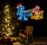T-Rex Pulling Santa Sleigh Neon Sign - Christmas Dinosaur LED Light Fun Santa and Dinosaur Neon Art Festive Holiday