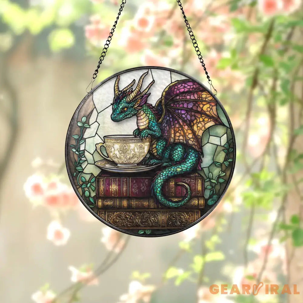 Tea Dragon Stained Glass Suncatcher Fantasy Book Nook Window Hanging Whimsical Glass Panel with Teacup & Books Cozy