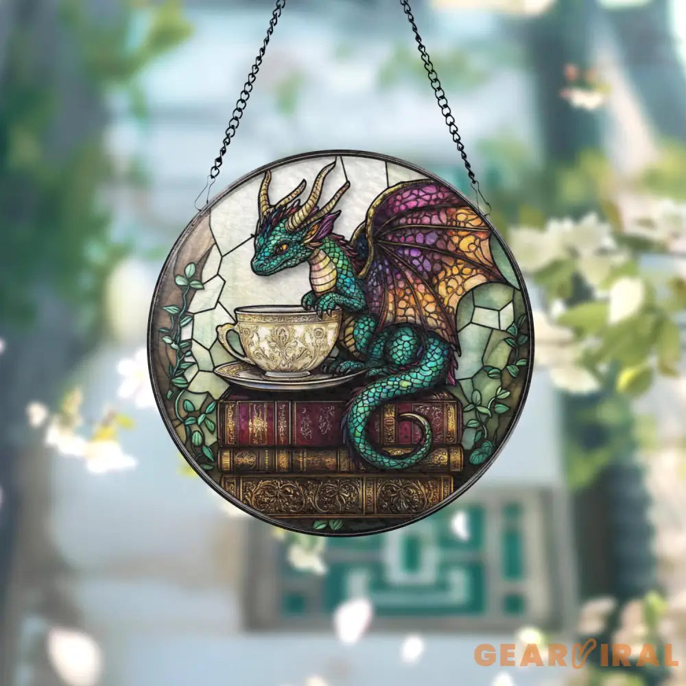 Tea Dragon Stained Glass Suncatcher Fantasy Book Nook Window Hanging Whimsical Glass Panel with Teacup & Books Cozy