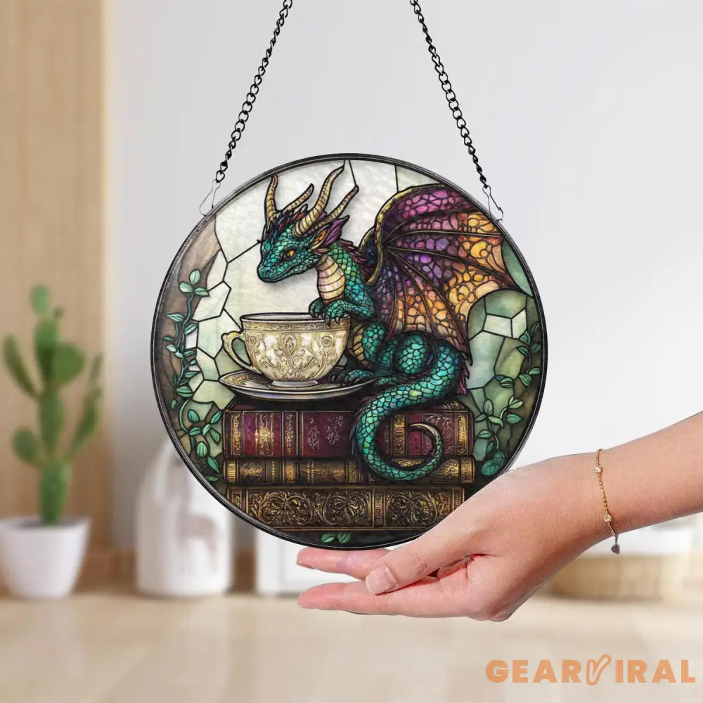 Tea Dragon Stained Glass Suncatcher Fantasy Book Nook Window Hanging Whimsical Glass Panel with Teacup & Books Cozy