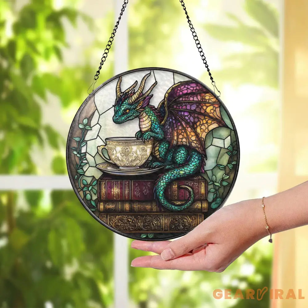 Tea Dragon Stained Glass Suncatcher Fantasy Book Nook Window Hanging Whimsical Glass Panel with Teacup & Books Cozy