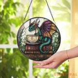 Tea Dragon Stained Glass Suncatcher Fantasy Book Nook Window Hanging Whimsical Glass Panel with Teacup & Books Cozy