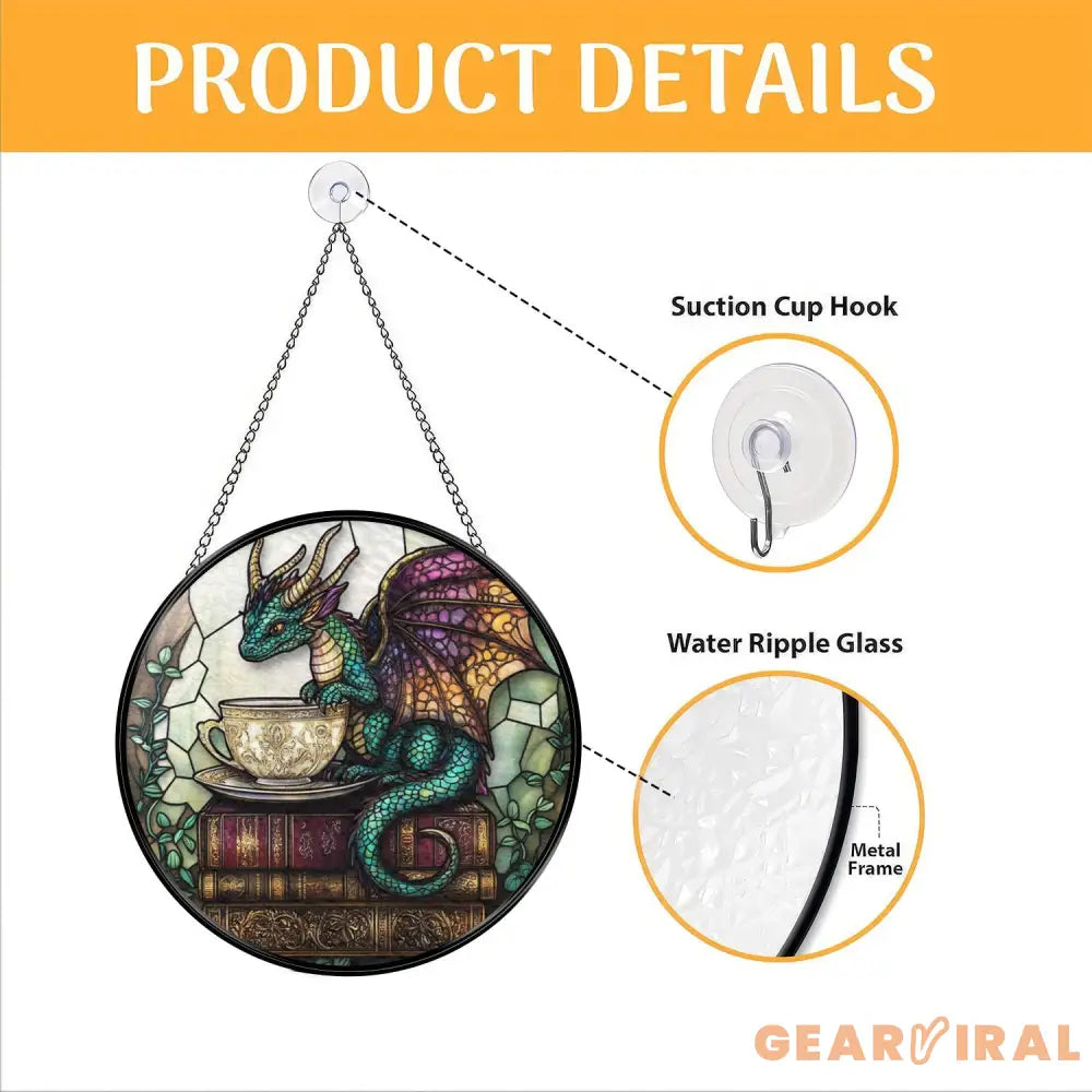 Tea Dragon Stained Glass Suncatcher Fantasy Book Nook Window Hanging Whimsical Glass Panel with Teacup & Books Cozy