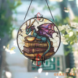 Teal Dragon Stained Glass Suncatcher Fantasy Tea and Book Window Panel Mystical Glass Art for Dragon & Reading Lovers