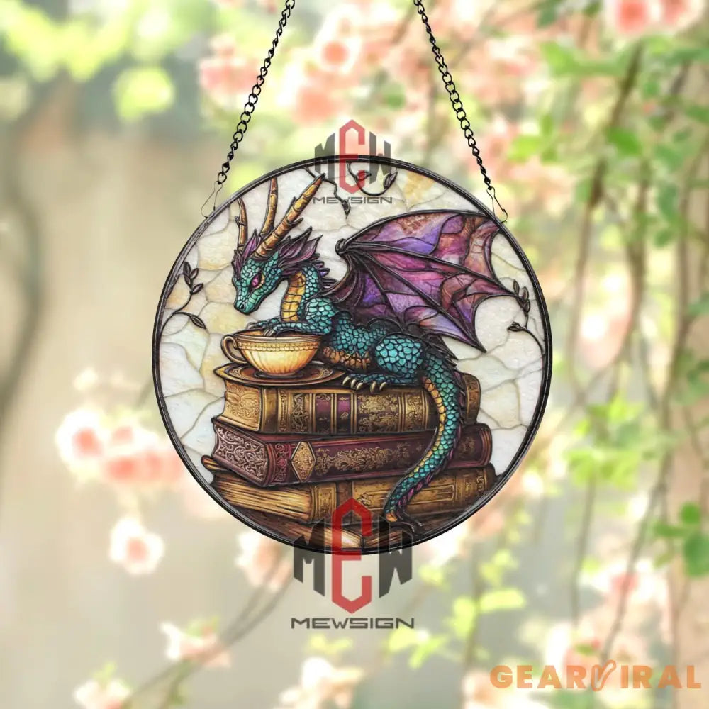 Teal Dragon Stained Glass Suncatcher Fantasy Tea and Book Window Panel Mystical Glass Art for Dragon & Reading Lovers