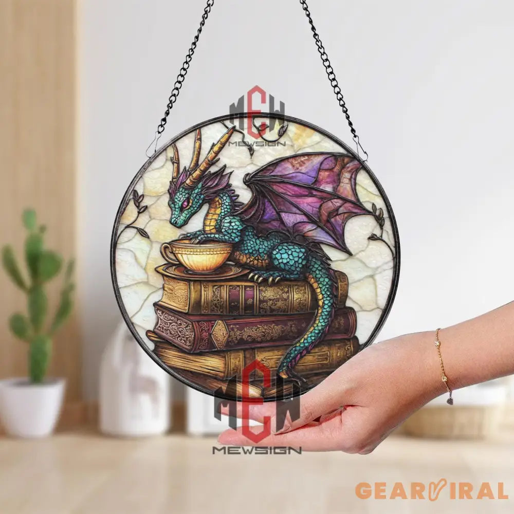 Teal Dragon Stained Glass Suncatcher Fantasy Tea and Book Window Panel Mystical Glass Art for Dragon & Reading Lovers