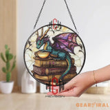 Teal Dragon Stained Glass Suncatcher Fantasy Tea and Book Window Panel Mystical Glass Art for Dragon & Reading Lovers