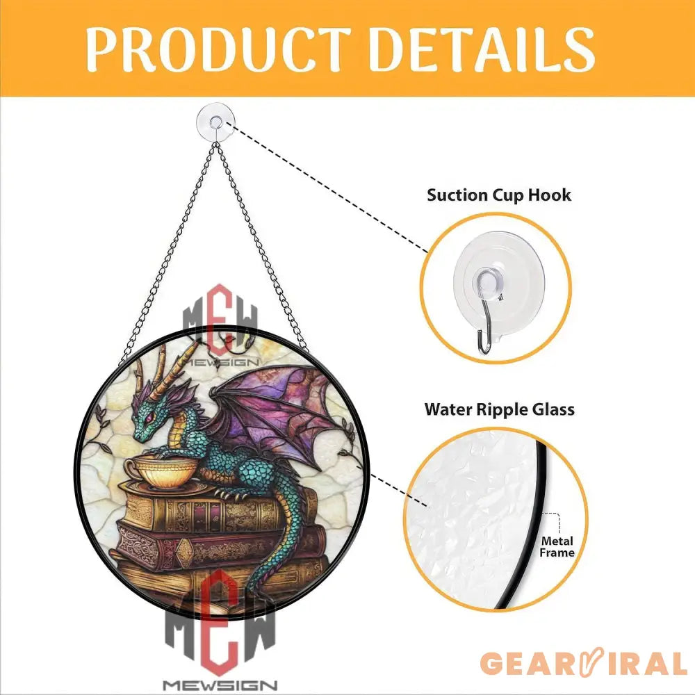 Teal Dragon Stained Glass Suncatcher Fantasy Tea and Book Window Panel Mystical Glass Art for Dragon & Reading Lovers