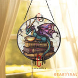 Teal Dragon Stained Glass Suncatcher Fantasy Tea and Book Window Panel Mystical Glass Art for Dragon & Reading Lovers