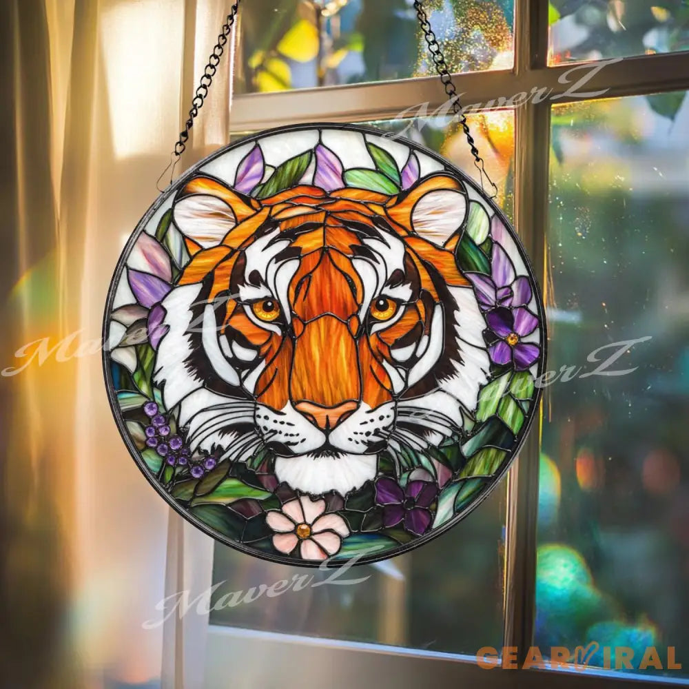 Tiger Stained Glass Suncatcher Floral Jungle Window Hanging Fierce Wildcat Glass Panel Boho Nature Decor Animal Lover