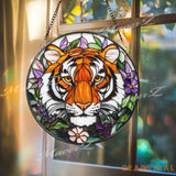 Tiger Stained Glass Suncatcher Floral Jungle Window Hanging Fierce Wildcat Glass Panel Boho Nature Decor Animal Lover
