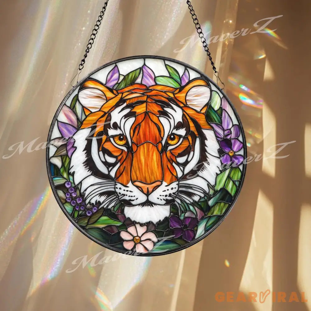 Tiger Stained Glass Suncatcher Floral Jungle Window Hanging Fierce Wildcat Glass Panel Boho Nature Decor Animal Lover