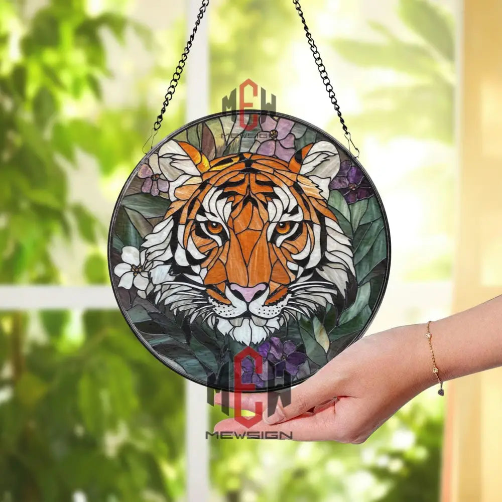Tiger Stained Glass Suncatcher Jungle Animal Window Hanging Wild Cat Round Glass Panel Floral Tiger Decor Nature Lover