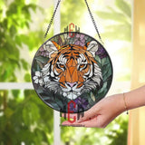 Tiger Stained Glass Suncatcher Jungle Animal Window Hanging Wild Cat Round Glass Panel Floral Tiger Decor Nature Lover