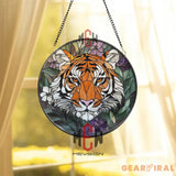 Tiger Stained Glass Suncatcher Jungle Animal Window Hanging Wild Cat Round Glass Panel Floral Tiger Decor Nature Lover