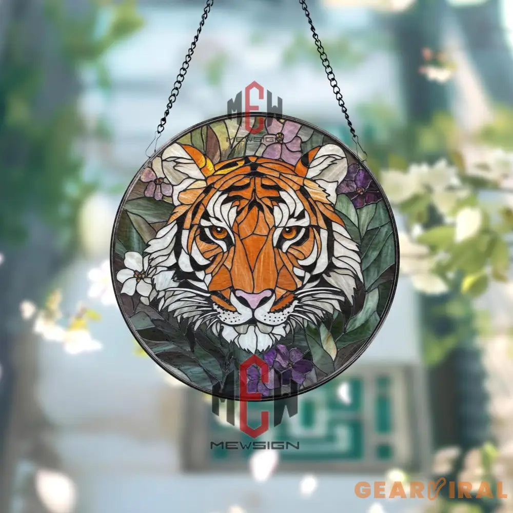 Tiger Stained Glass Suncatcher Jungle Animal Window Hanging Wild Cat Round Glass Panel Floral Tiger Decor Nature Lover
