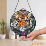 Tiger Stained Glass Suncatcher Jungle Animal Window Hanging Wild Cat Round Glass Panel Floral Tiger Decor Nature Lover