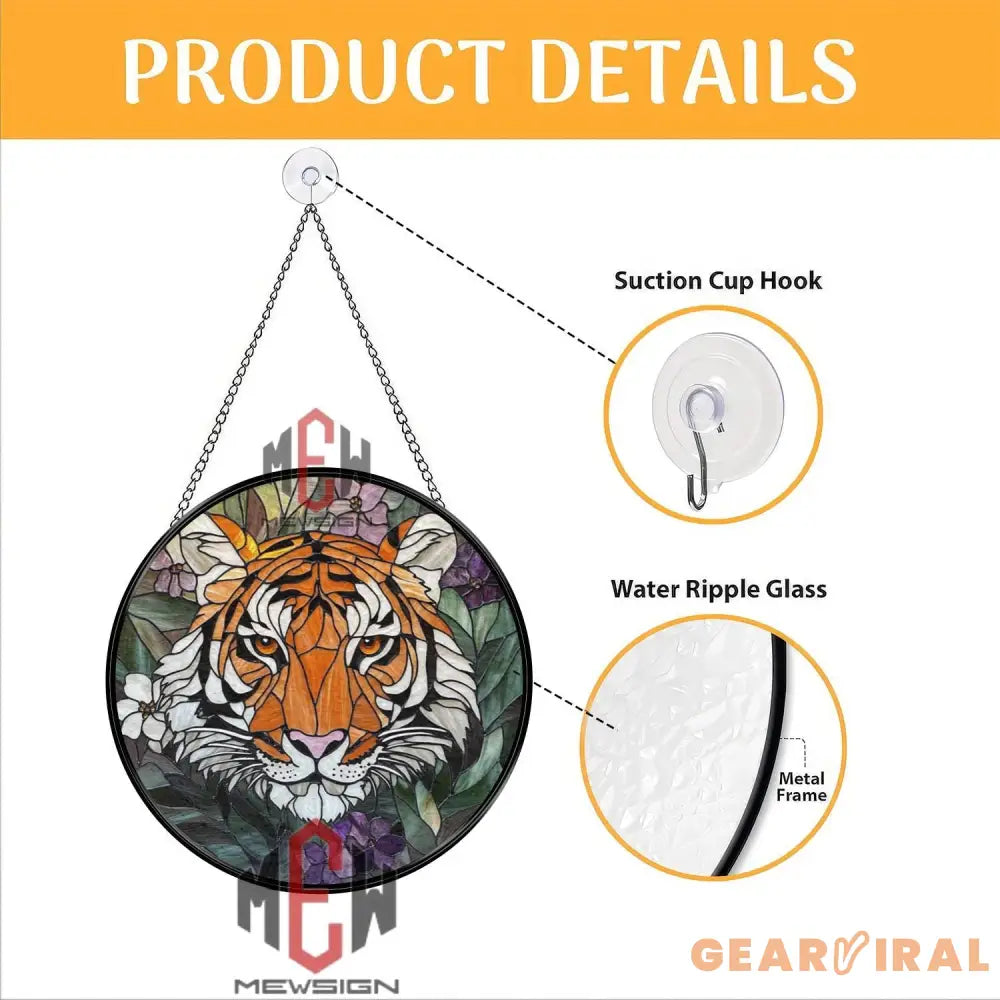Tiger Stained Glass Suncatcher Jungle Animal Window Hanging Wild Cat Round Glass Panel Floral Tiger Decor Nature Lover