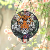 Tiger Stained Glass Suncatcher Jungle Animal Window Hanging Wild Cat Round Glass Panel Floral Tiger Decor Nature Lover