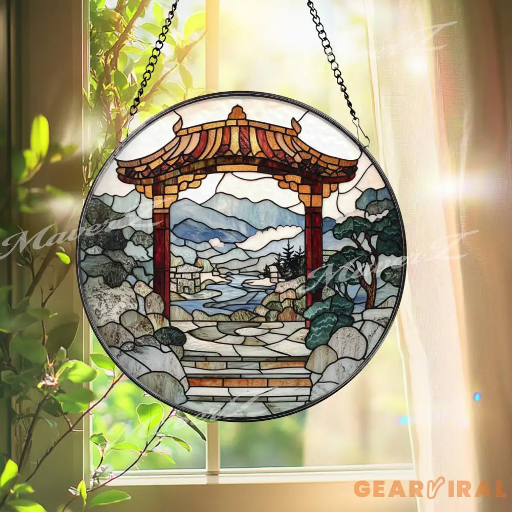 Torii Gate Stained Glass Suncatcher Japanese Zen Garden Window Art Mountain River Landscape Panel Peaceful Nature Home