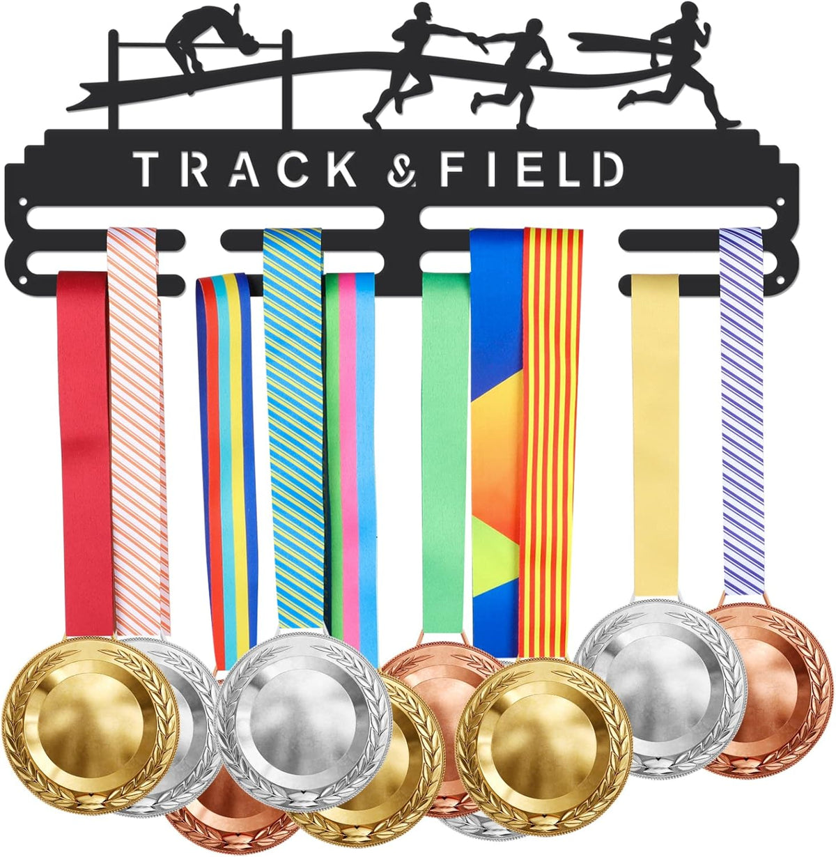 Track & Field Medal Holder Sports Medals Display Black Iron Wall Mounted Hooks for 40+ Hanging Medal Rack Display Competition Medal Holder Display Wall Hanging 40x15cm | GearViral