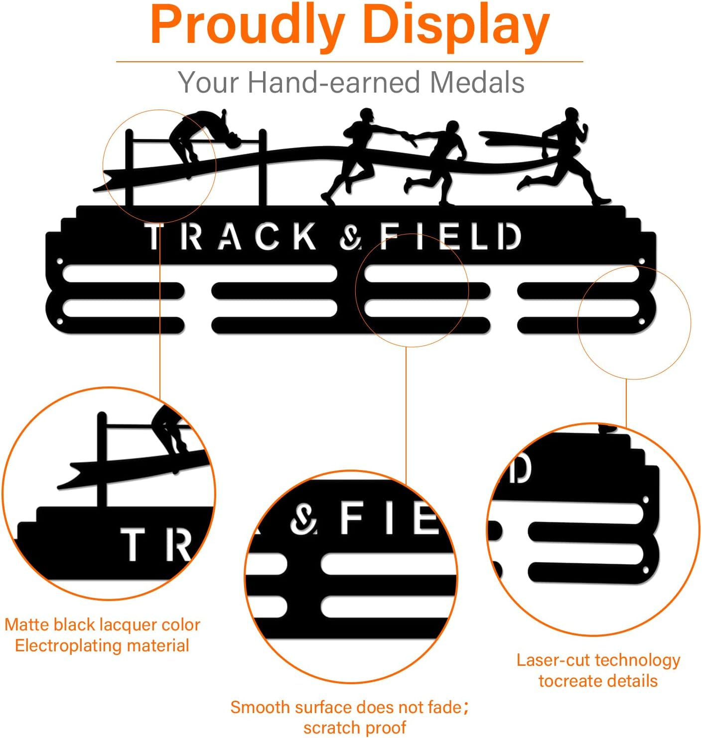 Track & Field Medal Holder Sports Medals Display Black Iron Wall Mounted Hooks for 40+ Hanging Medal Rack Display Competition Medal Holder Display Wall Hanging 40x15cm | GearViral