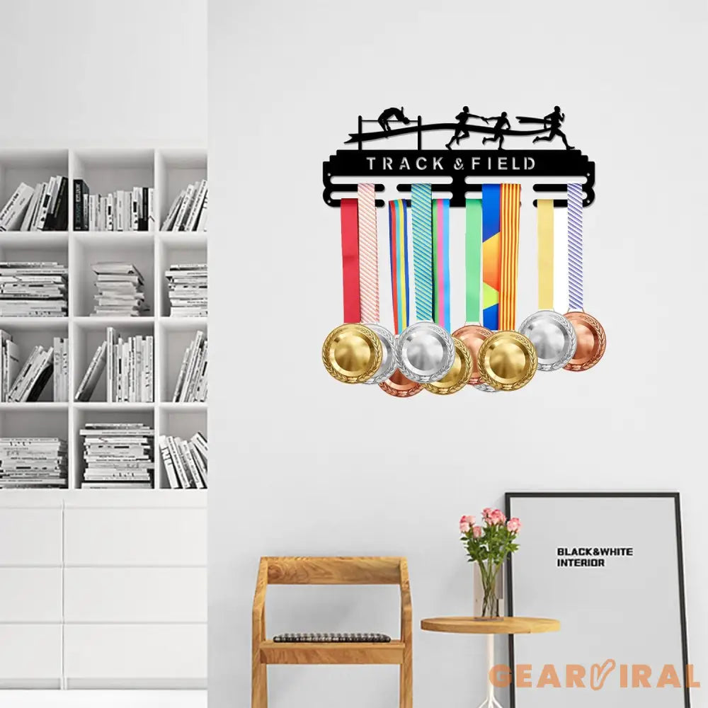 Track & Field Medal Holder Sports Medals Display Black Iron Wall Mounted Hooks for 40+ Hanging Medal Rack Display