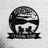 Tree Chairs Dock on Lake House Scene Sunset sign Personalized Metal Monogram - Wedding Gift. Family - Outdoor Name Sign - Last Name | GearViral
