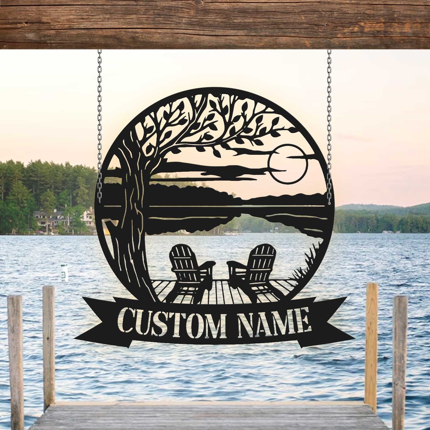 Tree Chairs Dock on Lake House Scene Sunset sign Personalized Metal Monogram - Wedding Gift. Family - Outdoor Name Sign - Last Name | GearViral