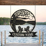 Tree Chairs Dock on Lake House Scene Sunset sign Personalized Metal Monogram - Wedding Gift. Family - Outdoor Name Sign - Last Name | GearViral