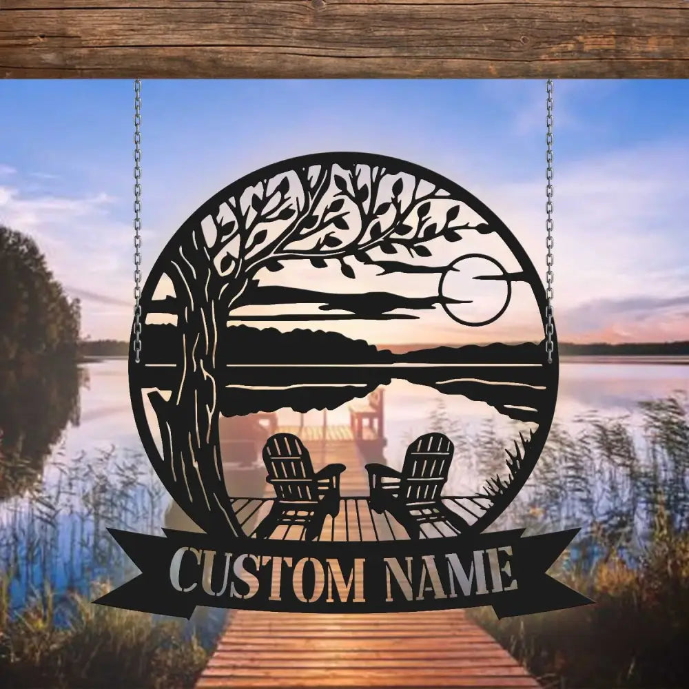 Tree Chairs Dock on Lake House Scene Sunset sign Personalized Metal Monogram - Wedding Gift. Family - Outdoor Name Sign