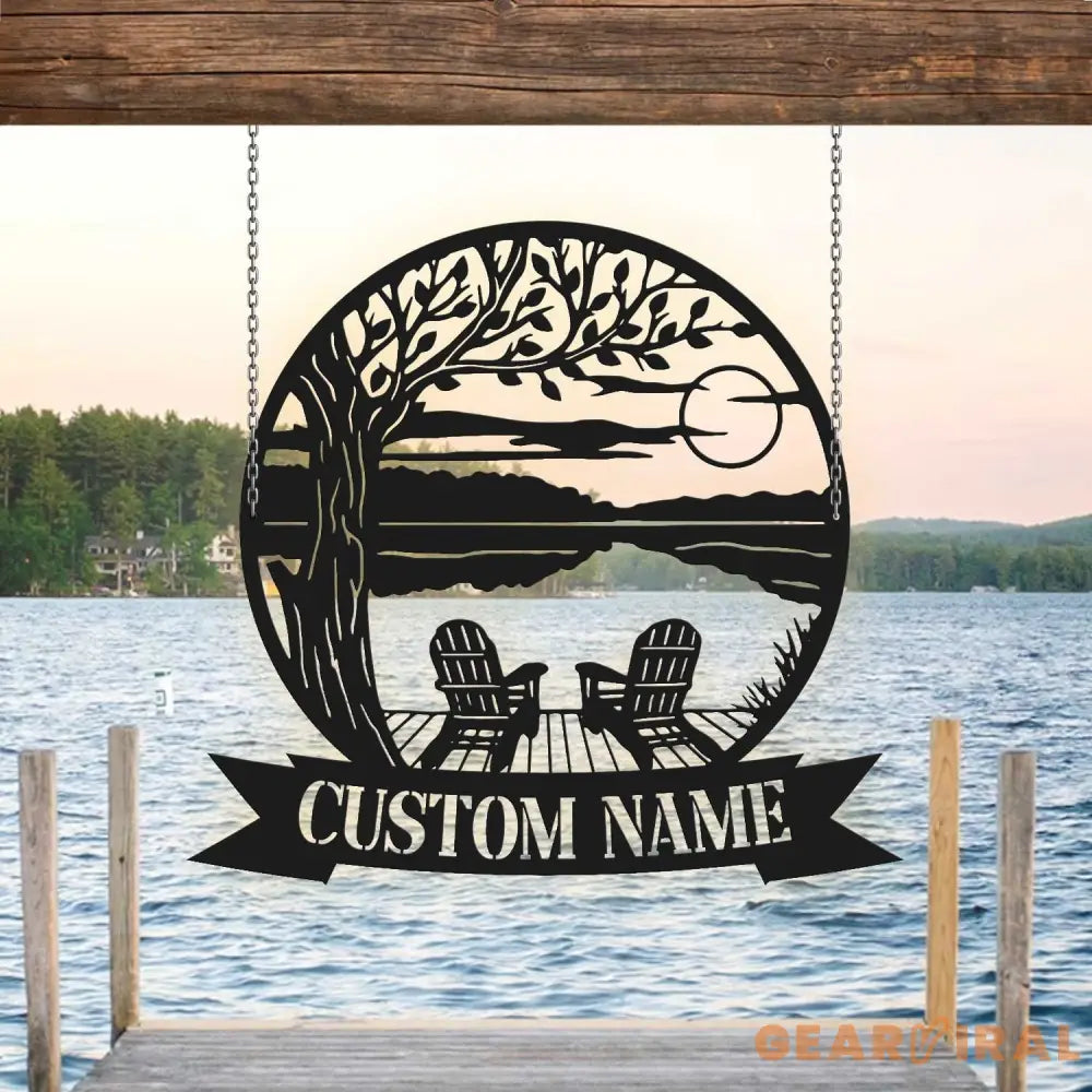 Tree Chairs Dock on Lake House Scene Sunset sign Personalized Metal Monogram - Wedding Gift. Family - Outdoor Name Sign