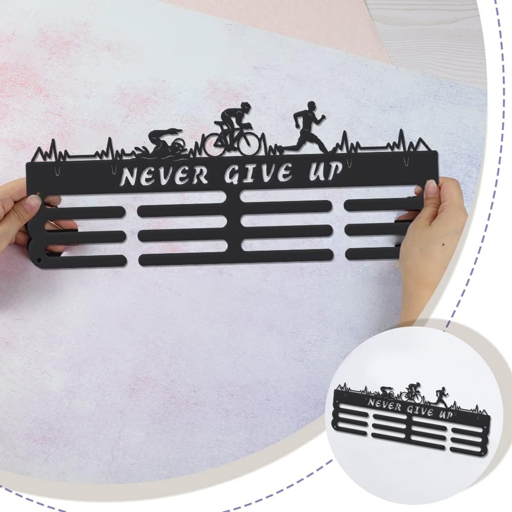 Triathlon Medals Display Black Swimming Cycling Running Medal Holder Iron Wall Mounted Hooks for 60+ Hanging Medal Rack Display Competition Medal Holder Display Wall Hanging 40x15cm | GearViral