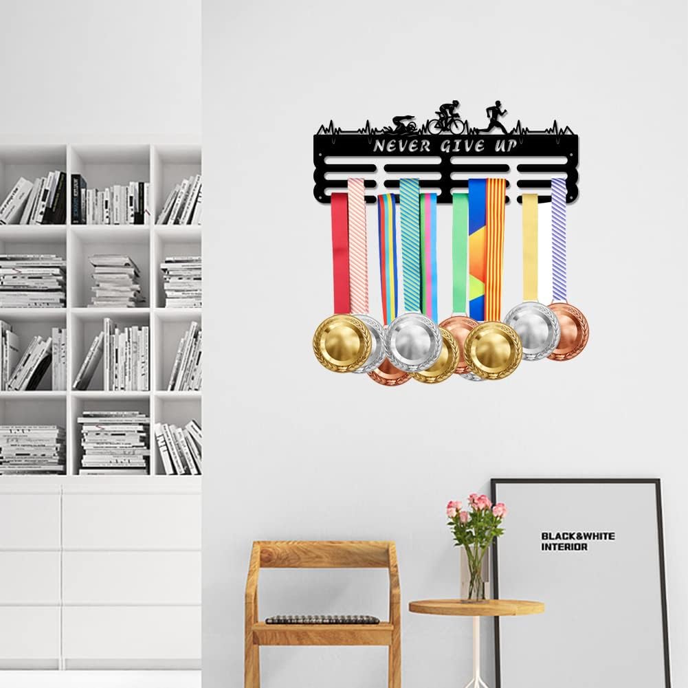 Triathlon Medals Display Black Swimming Cycling Running Medal Holder Iron Wall Mounted Hooks for 60+ Hanging Medal Rack Display Competition Medal Holder Display Wall Hanging 40x15cm | GearViral