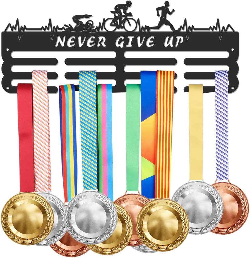 Triathlon Medals Display Black Swimming Cycling Running Medal Holder Iron Wall Mounted Hooks for 60+ Hanging Medal Rack Display Competition Medal Holder Display Wall Hanging 40x15cm | GearViral