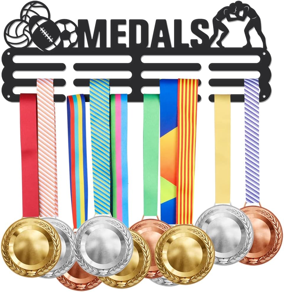 Triathlon Medals Display Black Swimming Cycling Running Medal Holder Iron Wall Mounted Hooks for 60+ Hanging Medal Rack Display Competition Medal Holder Display Wall Hanging 40x15cm | GearViral