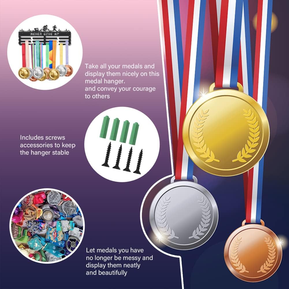 Triathlon Medals Display Black Swimming Cycling Running Medal Holder Iron Wall Mounted Hooks for 60+ Hanging Medal Rack Display Competition Medal Holder Display Wall Hanging 40x15cm | GearViral