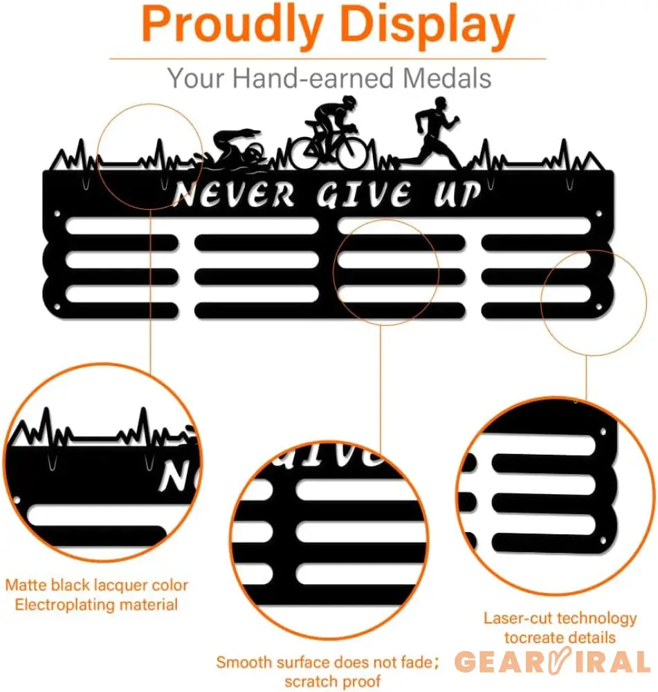 Triathlon Medals Display Black Swimming Cycling Running Medal Holder Iron Wall Mounted Hooks for 60+ Hanging Medal Rack