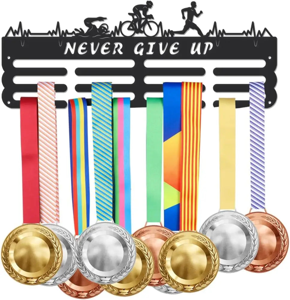Triathlon Medals Display Black Swimming Cycling Running Medal Holder Iron Wall Mounted Hooks for 60+ Hanging Medal Rack
